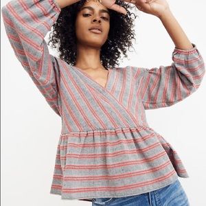 NWT Madewell Striped Bubble-Sleeve Peplum Top